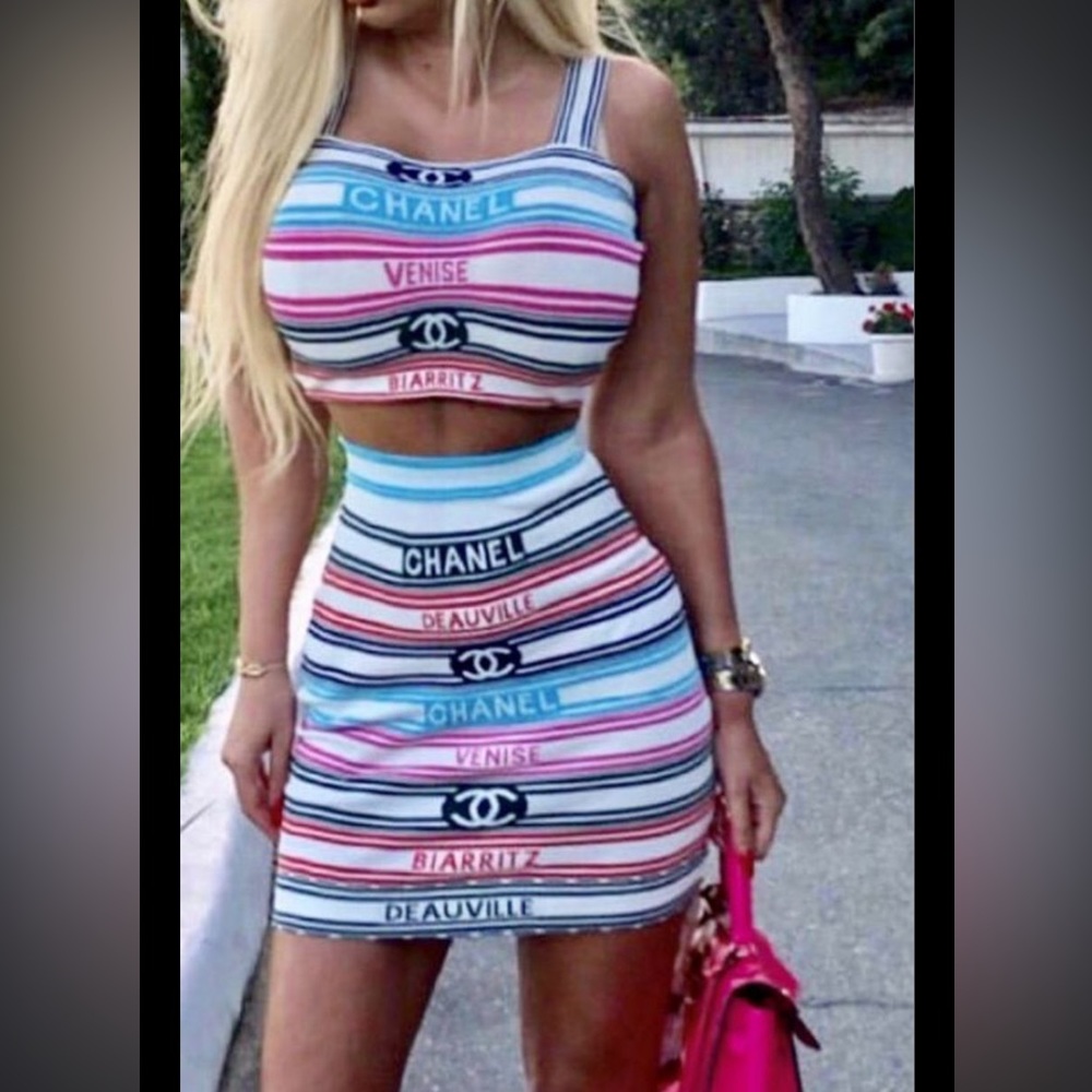 Chanel two-piece knit crop tank and skirt set. Worn once for pics. No flaws.